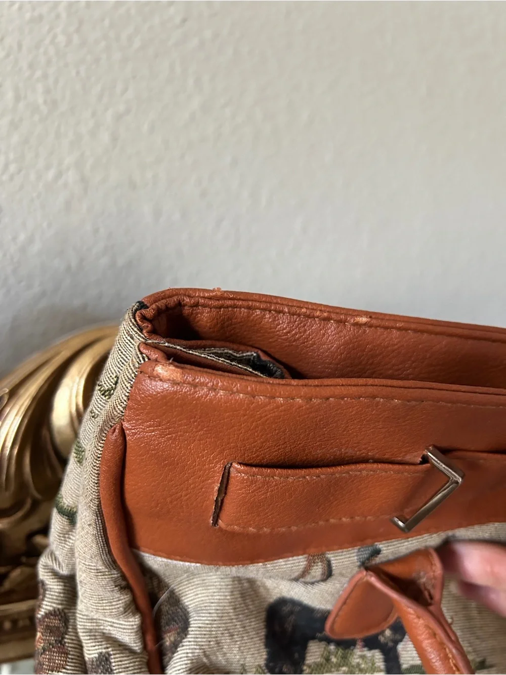 Tapestry Equestrian Tote with Tan Leather Trim